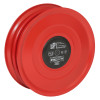 Front view of the 19mm fixed manual hose reel with hose in red showing centre label and circular design