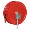 Back view of automatic fixed fire hose reel showing the red reel and attached metal mounting bracket