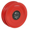 Front view of an automatic fixed fire hose reel in red showing the coiled hose and central label