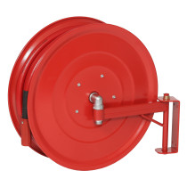 Back view of 19mm swinging manual hose reel with hose showing red reel and mounting bracket