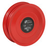 Front view of 19mm swinging manual hose reel with red hose neatly wound around the reel's circular frame