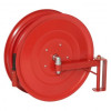 manual swinging fire hose reel showing the back with mounting arm and hose wound on the reel