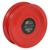 Front view of a red manual swinging fire hose reel showing the circular reel and central label