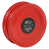 angled view of a 19mm hinged swinging fire hose reel showing the red reel casing and centre label