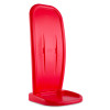 angled view of a red single stand red showing the seat and backrest from the side