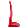 Side view of red double stand red showing its slim vertical structure with a curved top and flat base