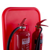 Top close up of red double stand red showing two red cylinders with black hoses and levers against a red backing panel