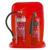 red double stand red with two fire extinguishers mounted on it viewed from the front