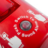 Closeup of the howler site alaert showing a circular push button with surrounding white text on a red background