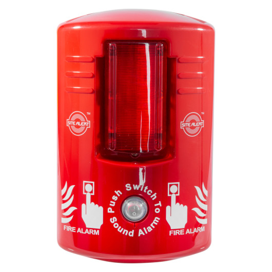 Front view of the red howler site alaert showing the button and light on the device