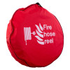 red hose reel cover showing fire hose reel graphic on the front angled to the side