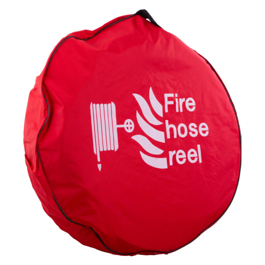 red hose reel cover showing fire hose reel graphic on the front angled to the side