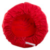 Red hose reel cover shown from the back with elasticated edge and visible inner side text