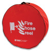 Front view of a red hose reel cover with white fire hose reel text and a hose reel symbol