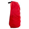 Side view of a red hose reel cover with a black handle on a white background