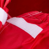 Close up of a red hose reel cover showing the velcro undone