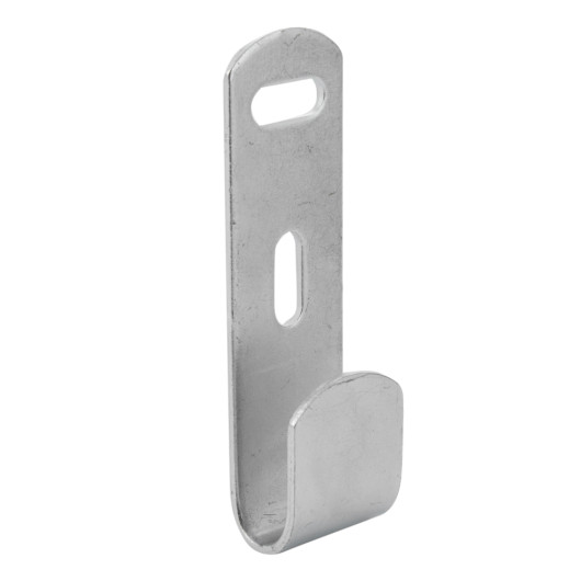 angled metal fire extinguisher j bracket with two mounting holes and curved hook section