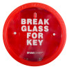 Front view of a circular break glass keybox with red casing and white text saying break glass for key