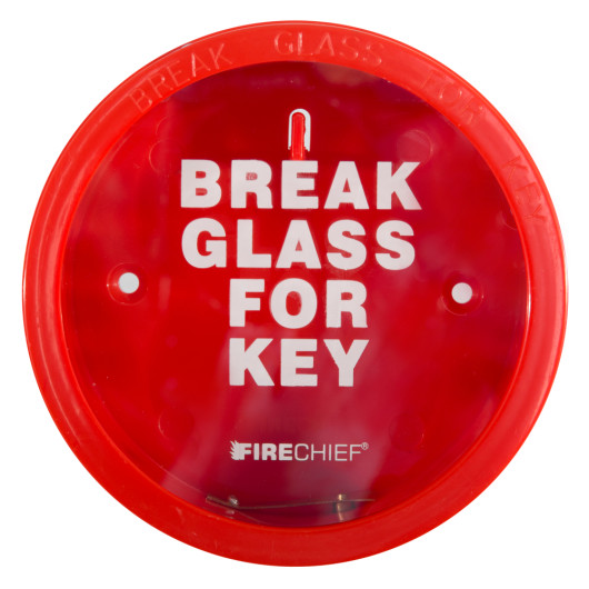 Front view of a circular break glass keybox with red casing and white text saying break glass for key