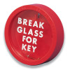 Angled view of a small key box break glass in red with white text saying break glass for key