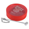keybox with hammer and chain shown angled with a red circular case and a small metal hammer attached by chain