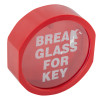 Angled view of a red plastic break glass keybox with white text on the front panel