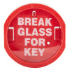 Front view of a plastic break glass keybox with red circular frame and white text on glass surface