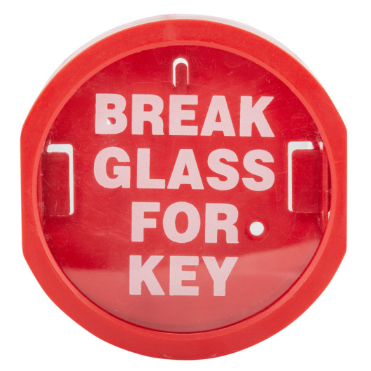 Front view of a plastic break glass keybox with red circular frame and white text on glass surface