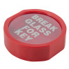 plastic break glass keybox laying flat showing round red case with white text on clear front panel