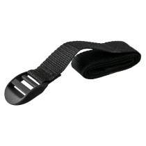 angled view of a black adjustable co2 extinguisher strap with a plastic buckle and woven material
