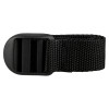 Front view of an adjustable co2 extinguisher strap made of black woven material with a plastic buckle