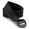 Front view of a black co2 extinguisher strap made of woven material with a plastic buckle
