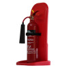 co2 extinguisher strap securing extinguisher on a red stand angled to the side