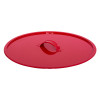 Red metal fire bucket lid shown from the front with a raised central handle and smooth surface