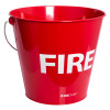Angled view of a red metal fire bucket with a metal handle and part of the word FIRE visible on the side