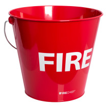 Angled view of a red metal fire bucket with a metal handle and part of the word FIRE visible on the side