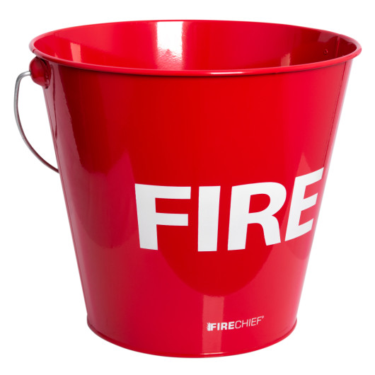 Angled view of a red metal fire bucket with a metal handle and part of the word FIRE visible on the side