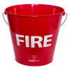 Front view of a red metal fire bucket with the word FIRE in white letters on the side and metal handles