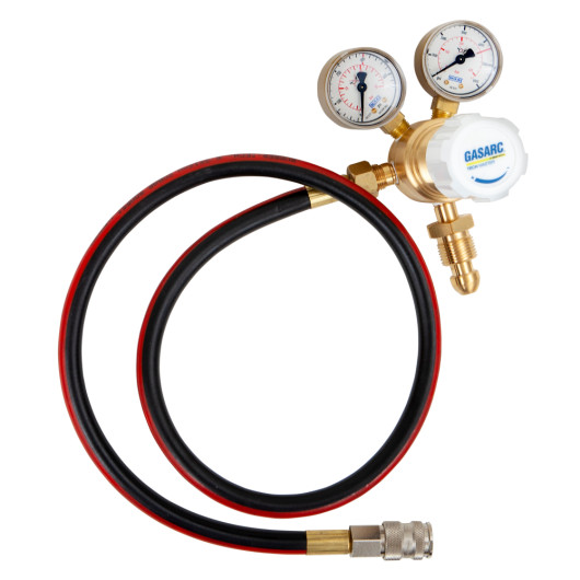 Front view of a nitrogen regulator and hose with pressure gauges and brass fittings attached to the hose