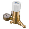 Angled view of a nitrogen regulator with hose showing gauge, brass body, and white adjustment knob
