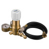 Nitrogen regulator with hose showing pressure gauge, control knob, brass fittings and coiled black hose on white background