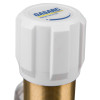 Close-up detail of the white plastic adjustment knob on a nitrogen regulator with hose showing blue and yellow text