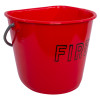 Red plastic fire bucket shown at an angled view with a black handle and partial text visible on the side