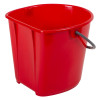 red plastic fire bucket showing the back with a black handle attached on the side