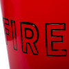 Close-up of fire text on a red plastic fire bucket