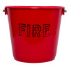 Front view of a red plastic fire bucket with the word fire written on the side