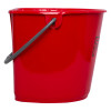 Side view of a red plastic fire bucket with a grey handle against a white background