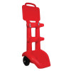 angled view of a red firechief double trolley showing its handle and wheels from the side