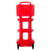 Back view of a red rotationally moulded double extinguisher trolley showing the handle and wheels
