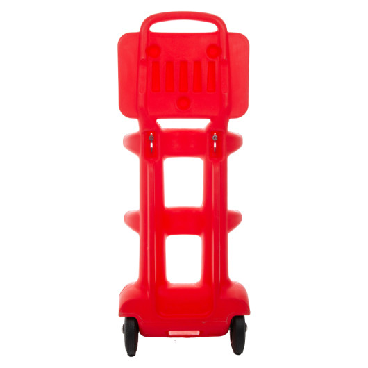 Back view of a red rotationally moulded double extinguisher trolley showing the handle and wheels